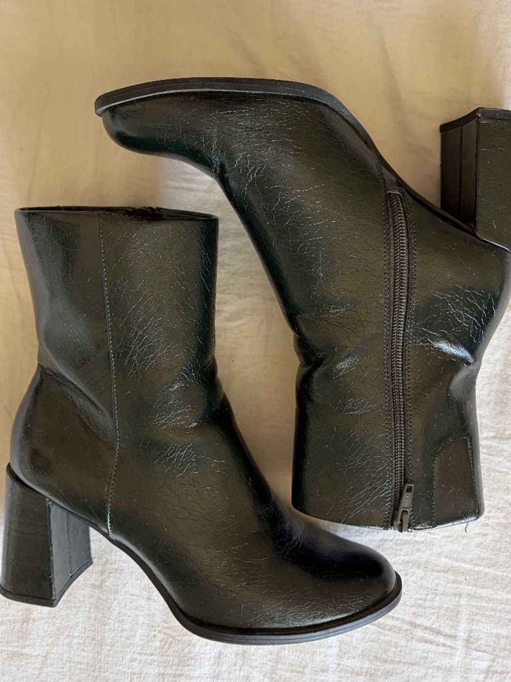 A New Day Janelle Dark Green Ankle Heeled Boots; Textured Print, Shiny